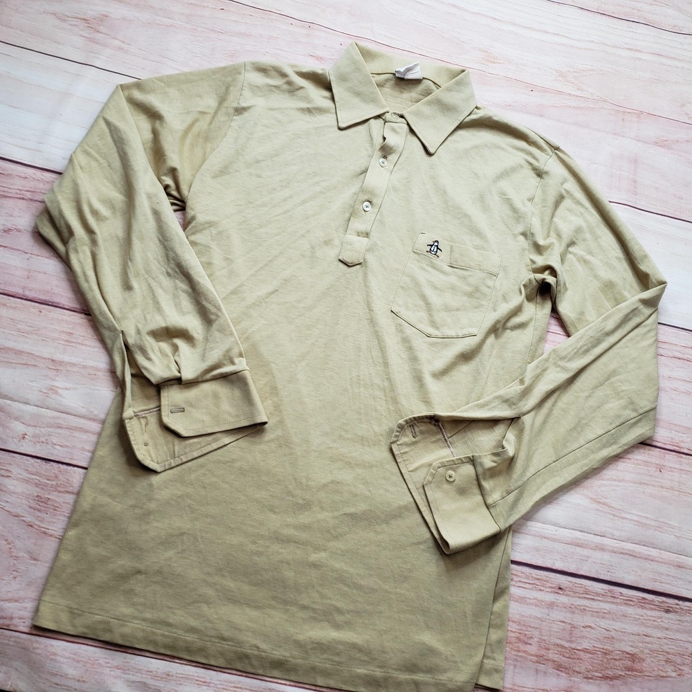 VINTAGE Munsingwear Polo Shirt Mens Large Beige Long Sleeve Grand Slam Casual